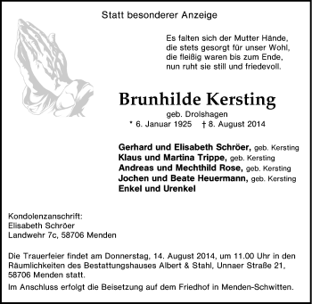 Traueranzeige von Brunhilde  Kersting von Tageszeitung