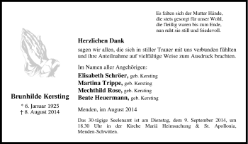 Traueranzeige von Brunhilde  Kersting von Tageszeitung