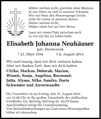 Traueranzeige von Elisabeth Johanna Neuhäuser von Tageszeitung