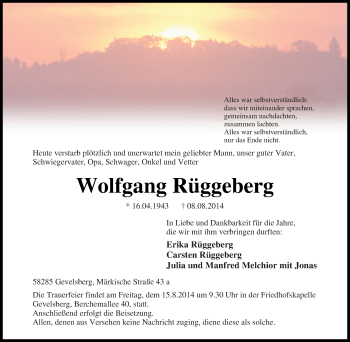 Traueranzeige von Wolfgang Rüggeberg von Tageszeitung