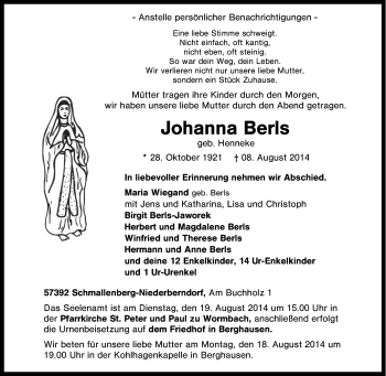 Traueranzeige von Johanna Berls von Tageszeitung