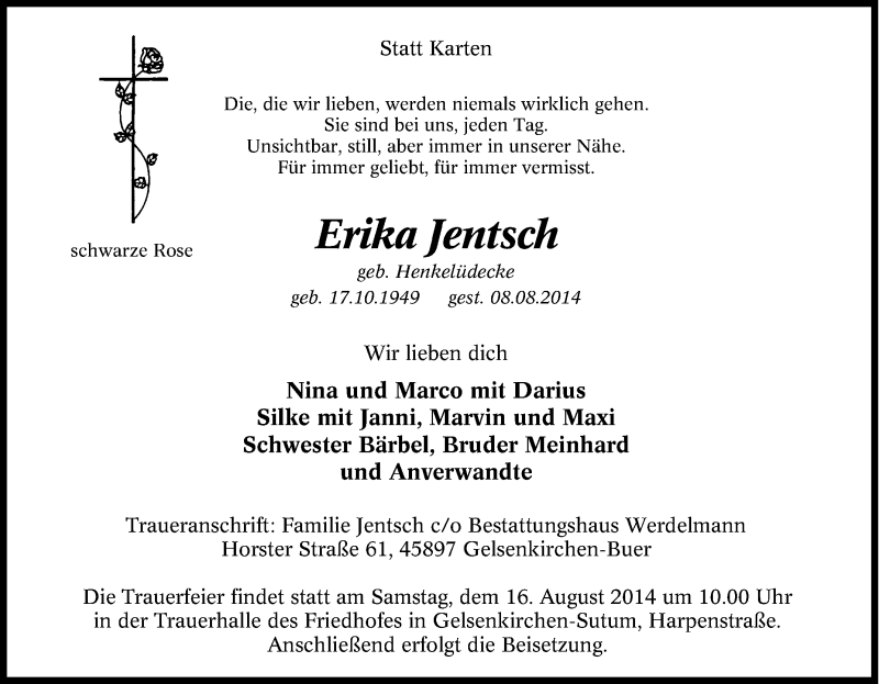  Traueranzeige für Erika Jentsch vom 13.08.2014 aus Tageszeitung