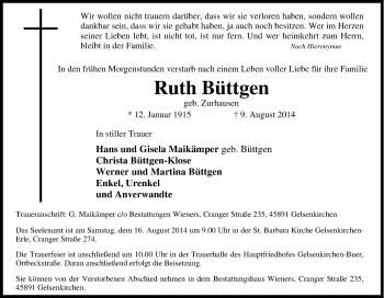 Traueranzeige von Ruth Büttgen von Tageszeitung