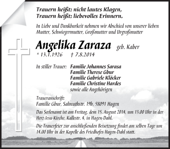 Traueranzeige von Angelika Zaraza von Tageszeitung