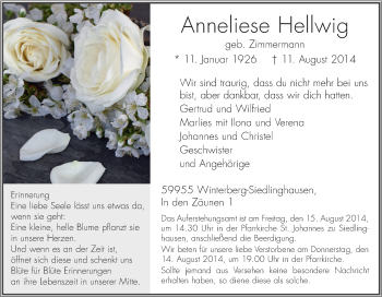 Traueranzeige von Anneliese Hellwig von Tageszeitung