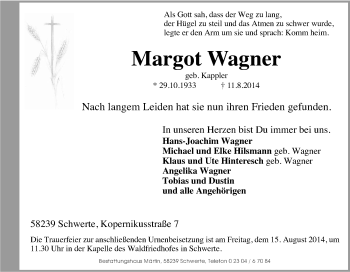 Traueranzeige von Margot Wagner von Tageszeitung