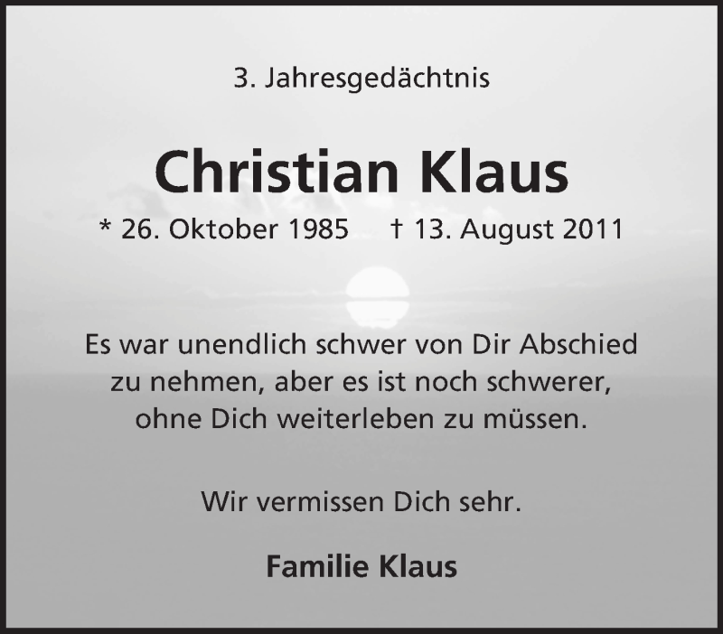 Traueranzeigen Von Christian Klaus | Trauer-in-NRW.de