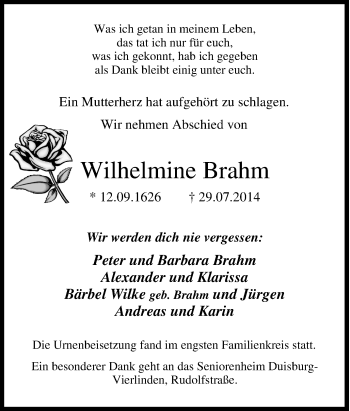 Traueranzeige von Wilhelmine Brahm von Tageszeitung