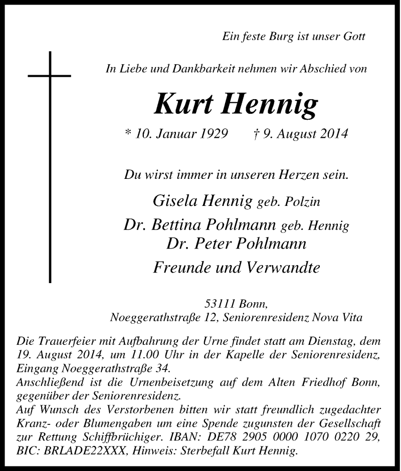  Traueranzeige für Kurt Hennig vom 16.08.2014 aus Tageszeitung