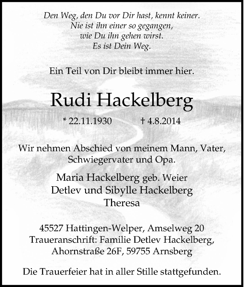  Traueranzeige für Rudi Hackelberg vom 16.08.2014 aus Tageszeitung