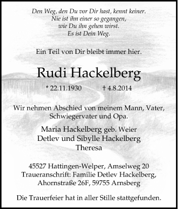 Traueranzeige von Rudi Hackelberg von Tageszeitung