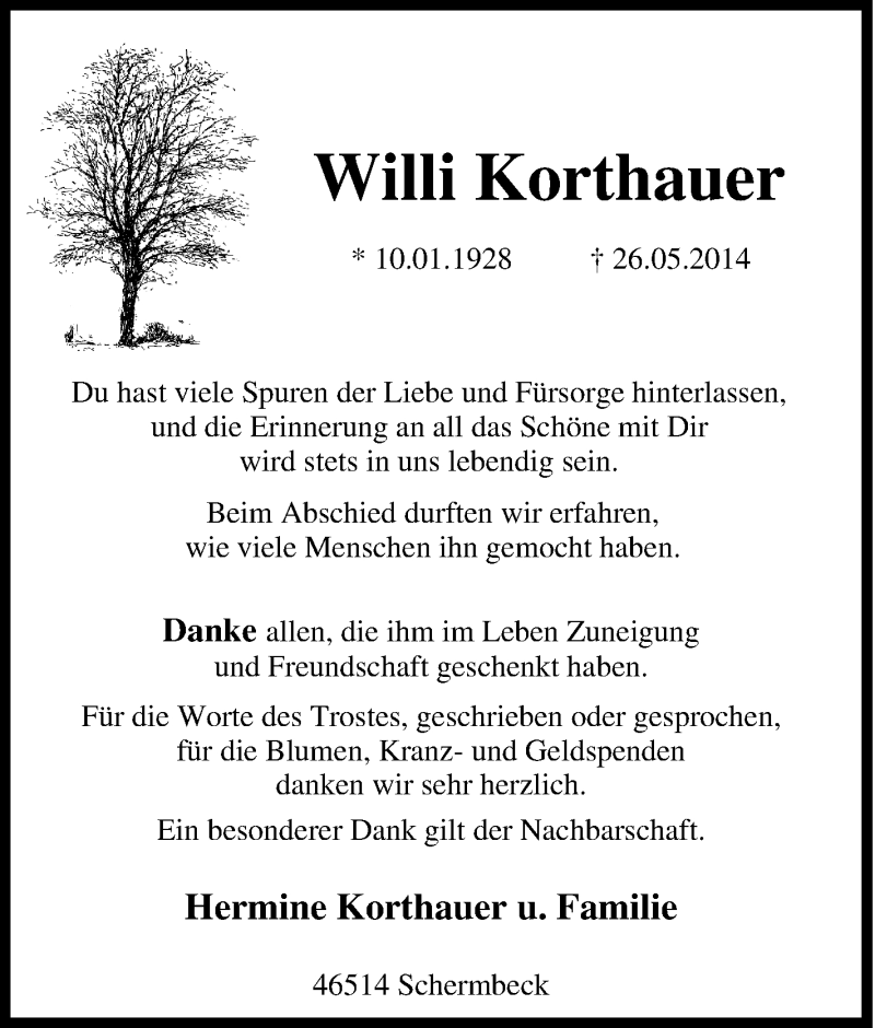  Traueranzeige für Willi Korthauer vom 14.08.2014 aus Tageszeitung