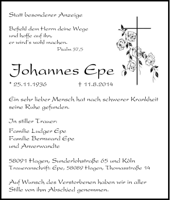 Traueranzeige von Johannes Epe von Tageszeitung