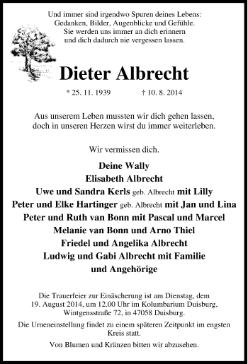 Traueranzeige von Dieter Albrecht von Tageszeitung