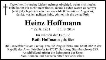 Traueranzeige von Heinz Hoffmann von Tageszeitung