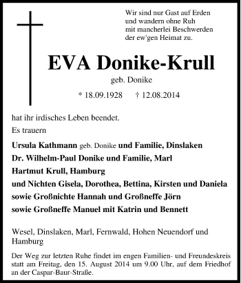 Traueranzeige von Eva Donike-Krull von Tageszeitung