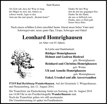 Traueranzeige von Leonhard Homrighausen von Tageszeitung