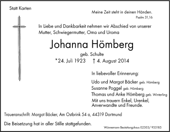 Traueranzeige von Johanna Hömberg von Tageszeitung