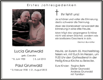 Traueranzeige von Lucia und Paul Grunwald von Tageszeitung