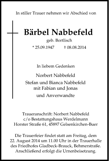 Traueranzeige von Bärbel Nabbefeld von Tageszeitung