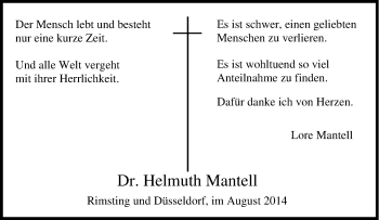 Traueranzeige von Helmuth Mantell von Tageszeitung