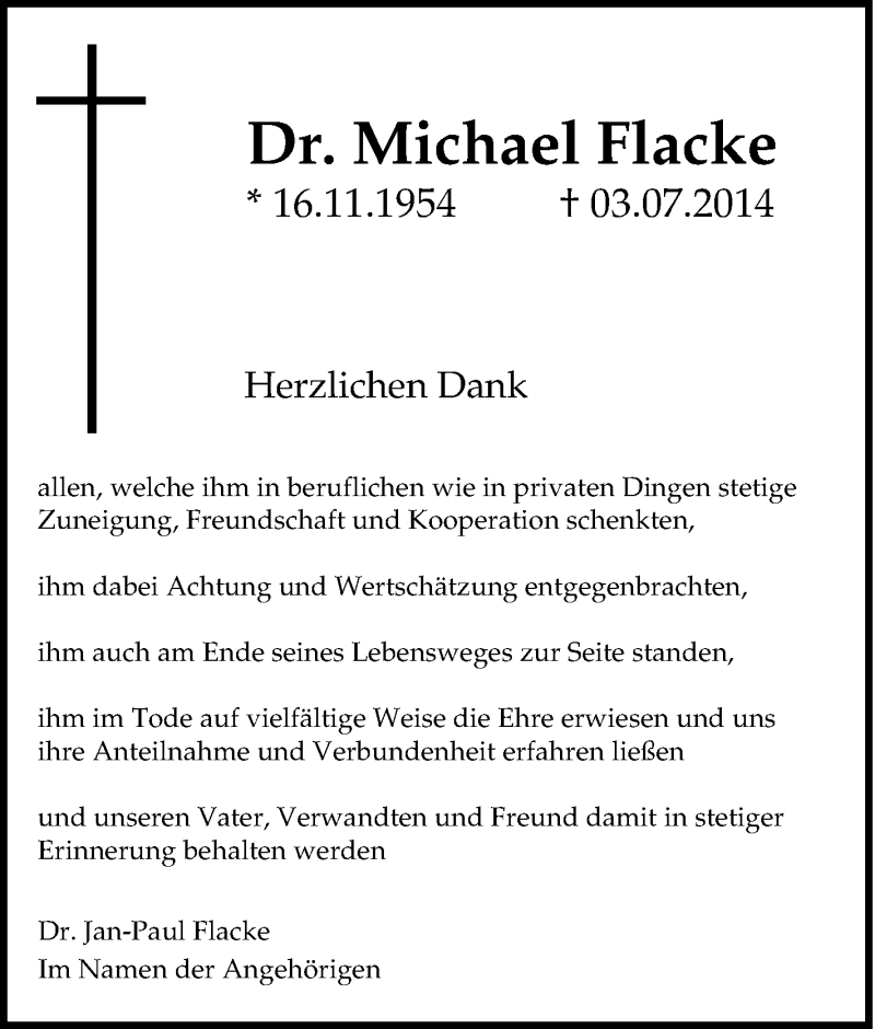  Traueranzeige für Michael Flacke vom 27.08.2014 aus Tageszeitung