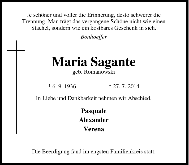  Traueranzeige für Maria Sagante vom 30.08.2014 aus Tageszeitung