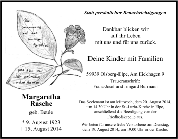 Traueranzeige von Margaretha Rasche von Tageszeitung