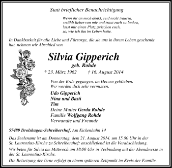 Traueranzeige von Silvia  Gipperich  von Tageszeitung