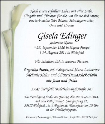 Traueranzeige von Gisela Edinger von Tageszeitung