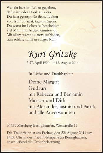 Traueranzeige von Kurt Gritzke von Tageszeitung