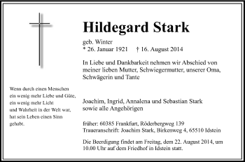 Traueranzeige von Hildegard Stark von Tageszeitung
