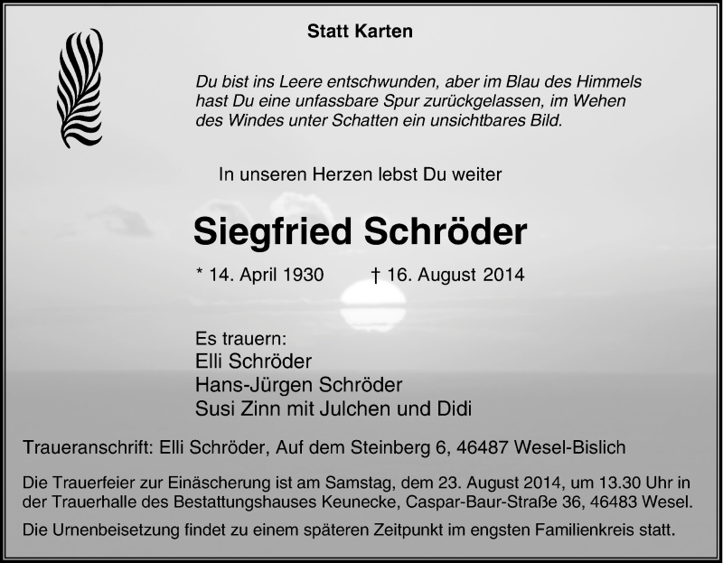  Traueranzeige für Siegfried Schröder vom 19.08.2014 aus Tageszeitung