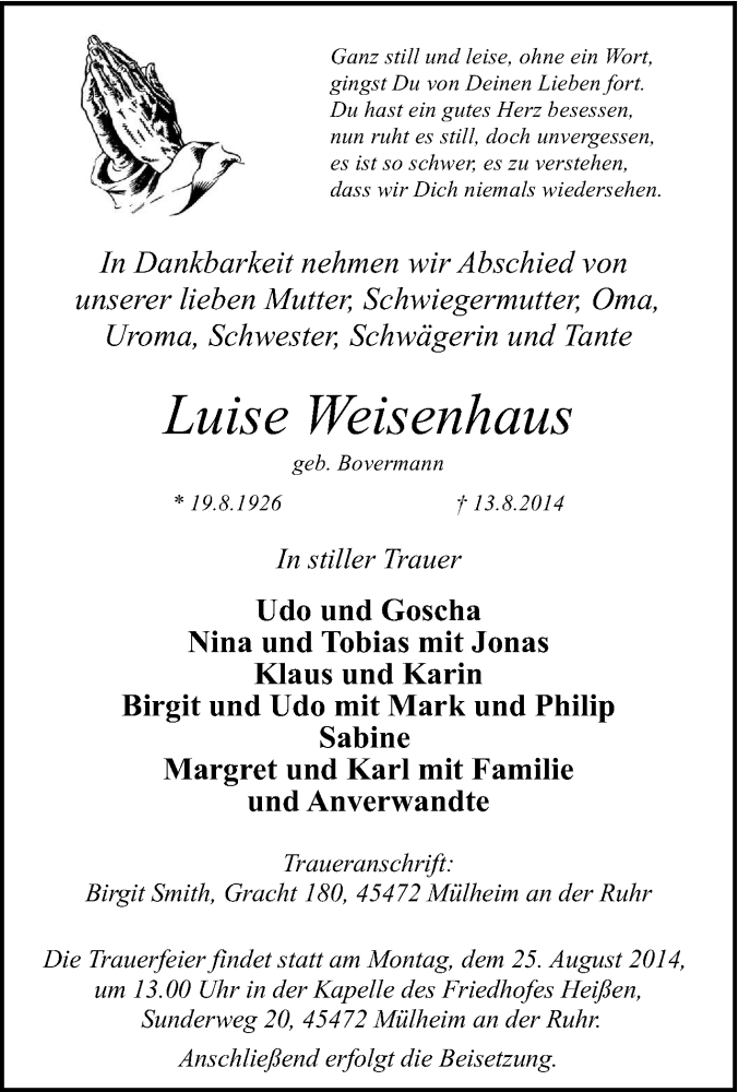 Traueranzeige für Luise Weisenhaus vom 21.08.2014 aus Tageszeitung