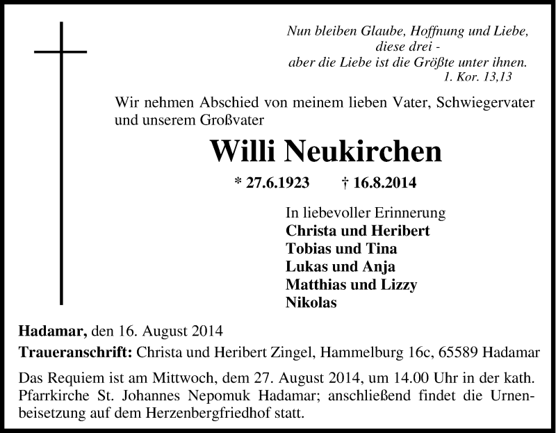  Traueranzeige für Willi Neukirchen vom 23.08.2014 aus Tageszeitung