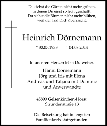 Traueranzeige von Heinrich Dörnemann von Tageszeitung