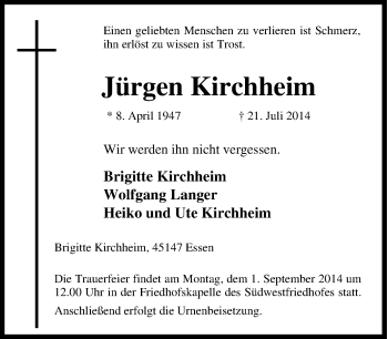 Traueranzeige von Jürgen Kirchheim von Tageszeitung