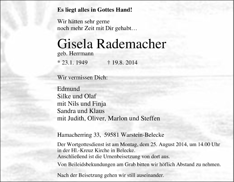  Traueranzeige für Gisela Rademacher vom 20.08.2014 aus Tageszeitung