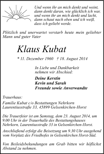 Traueranzeige von Klaus Kubat von Tageszeitung