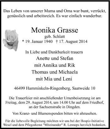 Traueranzeige von Monika Grasse von Tageszeitung