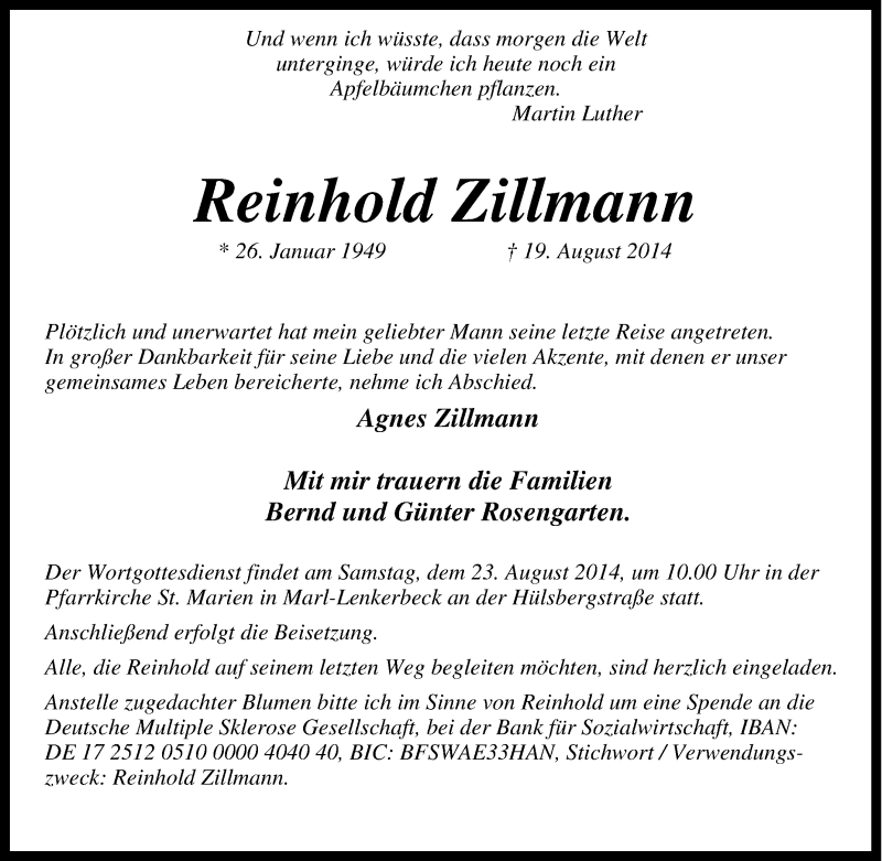  Traueranzeige für Reinhold Zillmann vom 21.08.2014 aus Tageszeitung