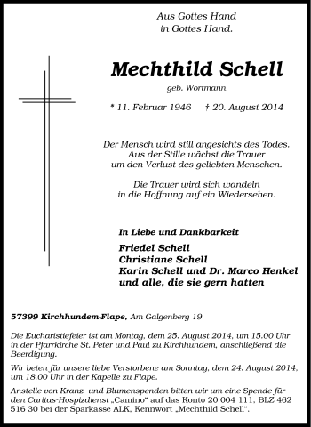 Traueranzeige von Mechthild Schell von Tageszeitung