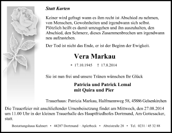 Traueranzeige von Vera Markau von Tageszeitung