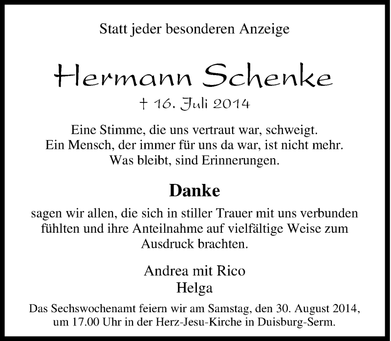  Traueranzeige für Hermann Schenke vom 23.08.2014 aus Tageszeitung