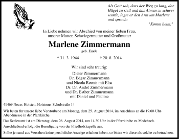 Traueranzeige von Marlene Zimmermann von Tageszeitung