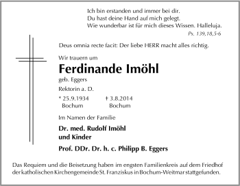 Traueranzeige von Ferdinande Imöhl von Tageszeitung