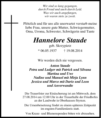Traueranzeige von Hannelore Staude von Tageszeitung
