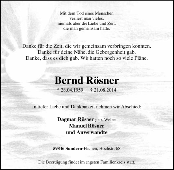 Traueranzeige von Bernd Rösner von Tageszeitung