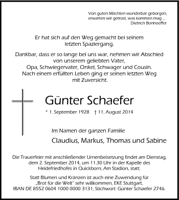 Traueranzeige von Günter Schaefer von Tageszeitung