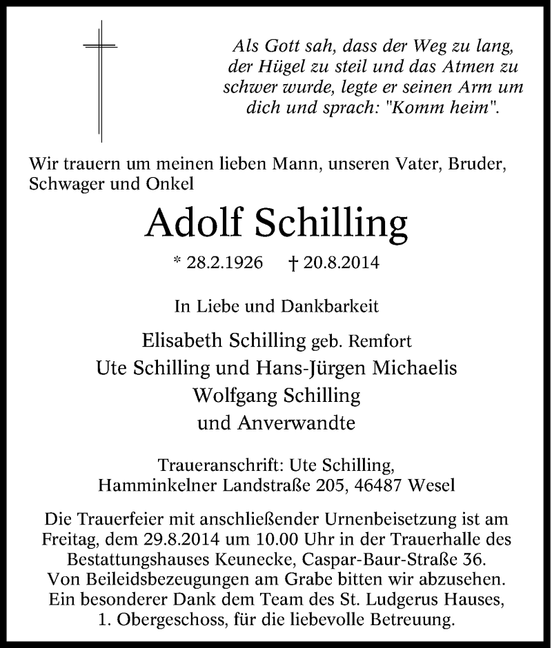 Traueranzeige für Adolf Schilling vom 23.08.2014 aus Tageszeitung